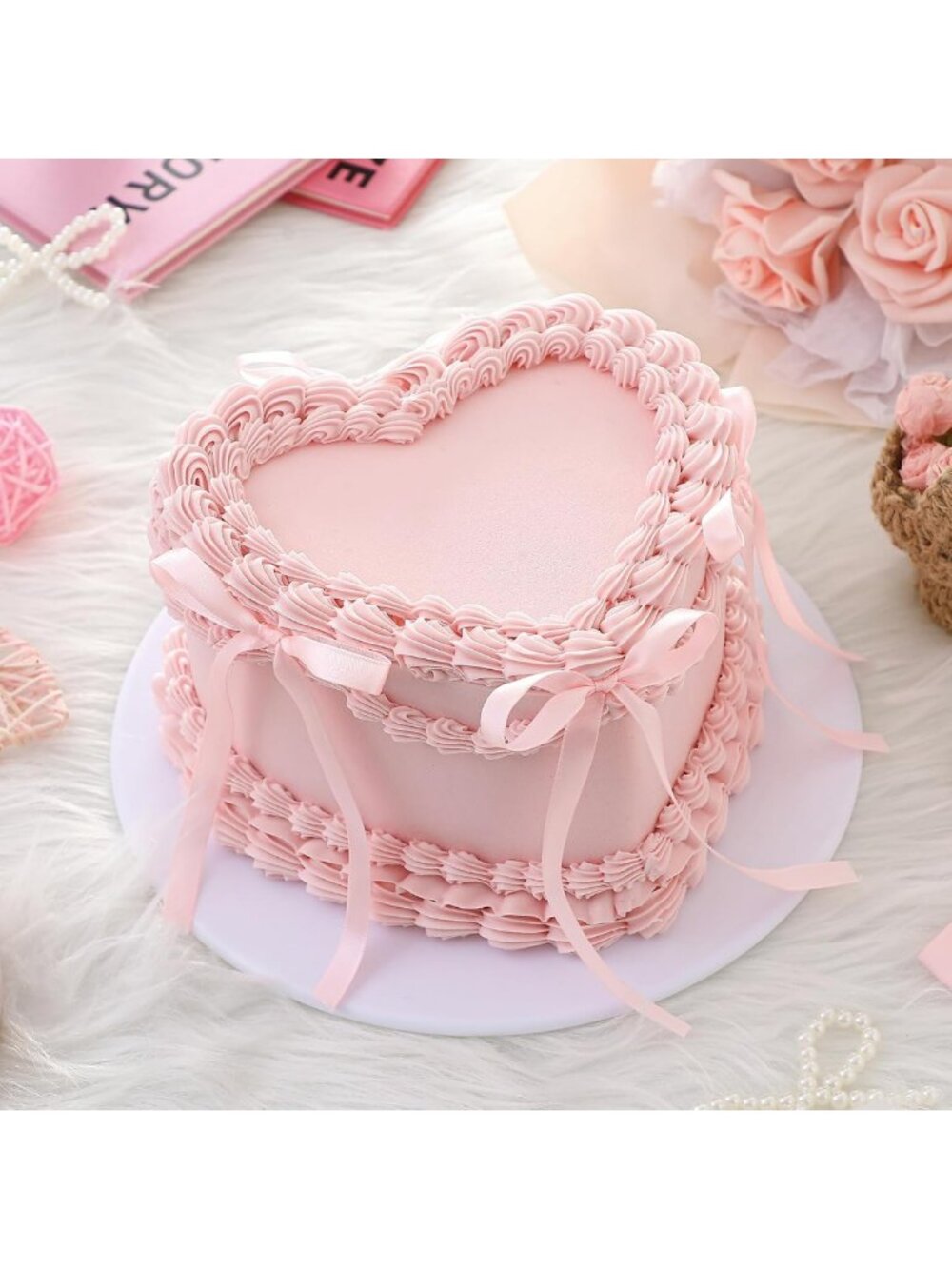 6-Inch Pink Heart Fake Cake with Bow | Cute Birthday Decor & Party Centerpiece
